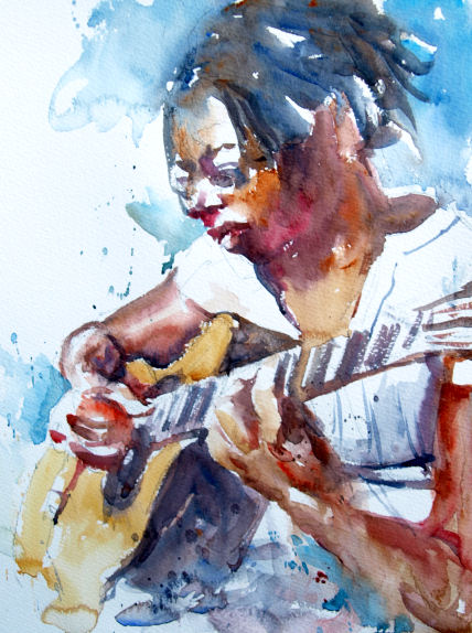 Woman playing guitar by Roger Simpson in Yorkshire, Northern England